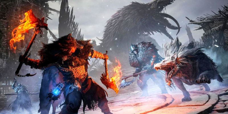 A Warwolf attacking some enemies with flaming axes in Lords of the Fallen
