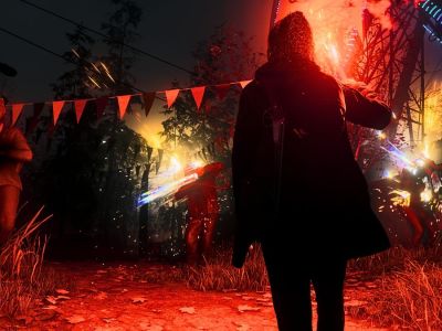 Saga using a flare against a group of Taken in Alan Wake 2