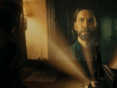 Alan Wake looking at a projection of himself