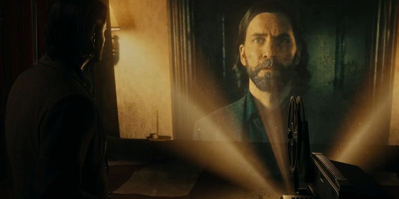 Alan Wake looking at a projection of himself