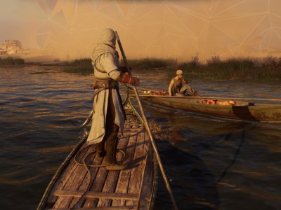 Image from Assassin's Creed Mirage (AC Mirage) showing the main character using a boat.