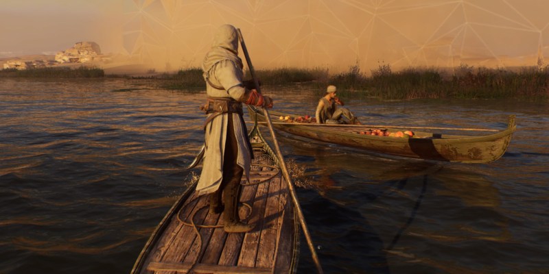 Image from Assassin's Creed Mirage (AC Mirage) showing the main character using a boat.