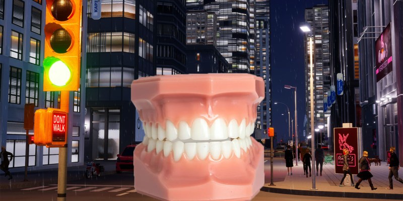 Cities: Skylines 2 with a big pair of false teeth in a street. Could teeth be slowing the game down?