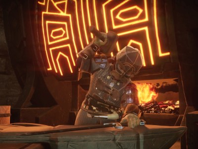 An image from Lord of the Rings: Return to Moria showing a dwarf crafting on an anvil as part of an article about why the game isn't on Steam.