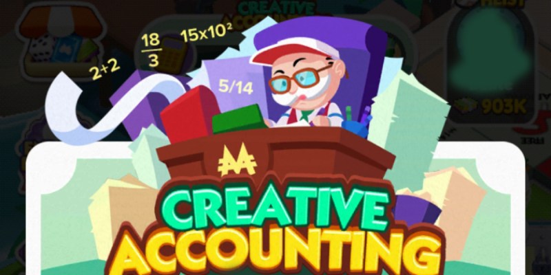 A header image for the Creative Accounting event in Monopoly GO as part of a guide on all the rewards you can get in it and how to get them.