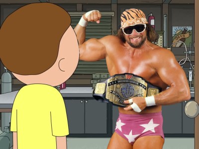 Morty from Rick and Morty opening the door to find Macho Man Randy Savage.