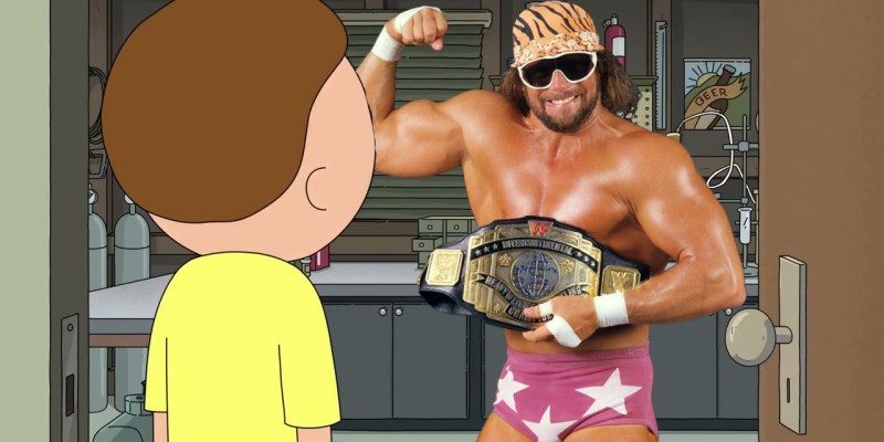 Morty from Rick and Morty opening the door to find Macho Man Randy Savage.