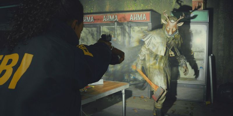 Saga aiming at a cultist in Alan Wake 2