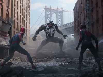 This guide walks you through how to skip cutscenes in Spider-Man 2. The image shows Peter Parker and Miles Morales facing Venom in an alleyway.