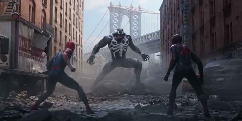 This guide walks you through how to skip cutscenes in Spider-Man 2. The image shows Peter Parker and Miles Morales facing Venom in an alleyway.