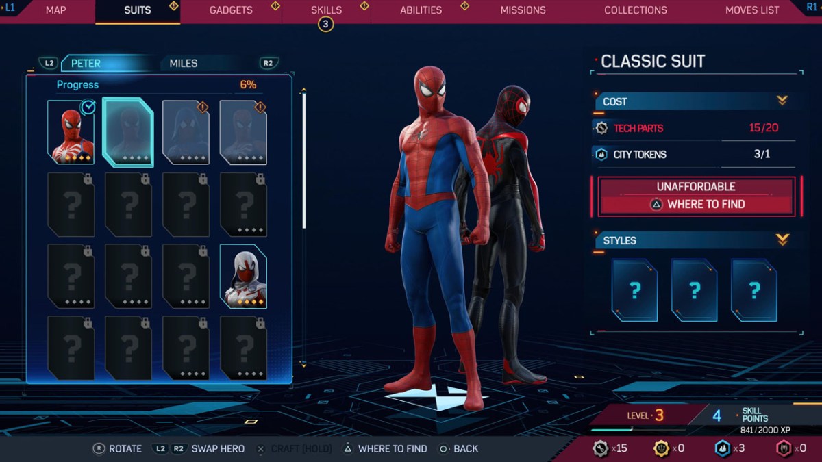 The screen where you can change suits in Marvels Spider Man 2.