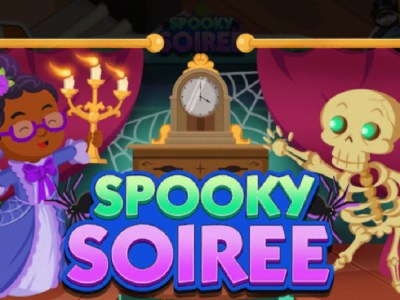 A header for the Spooky Soiree event in Monopoly GO that shows a woman holding a candlestick to the left of a mantel clock, while a skeleton stands on the other side.