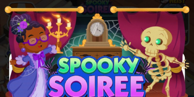 A header for the Spooky Soiree event in Monopoly GO that shows a woman holding a candlestick to the left of a mantel clock, while a skeleton stands on the other side.