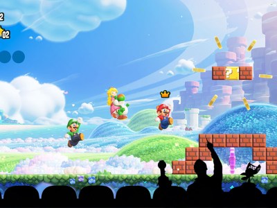 Super Mario Wonder with a Mystery Science Theatre 3000 silhouette.