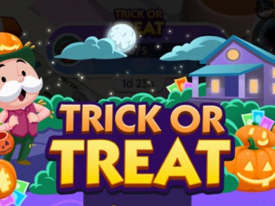 A header for the Trick or Treat event in Monopoly GO. The image shows Uncle Pennybags wearing a jack-o-lantern on his head and holding a basket to go trick or treating.