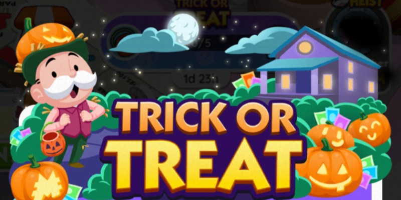 A header for the Trick or Treat event in Monopoly GO. The image shows Uncle Pennybags wearing a jack-o-lantern on his head and holding a basket to go trick or treating.