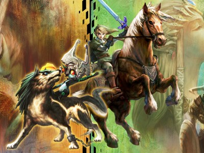 Wolf Link and Midna stand next to Link on Epona