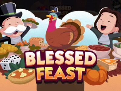 A header-sized image for the Blessed Feast event in Monopoly GO that shows Rich Uncle Pennybags on the left side of a table with a brunette on the right. There's a turkey in between them.