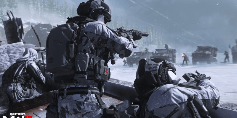 People shooting in the snow in Modern Warfare 3.