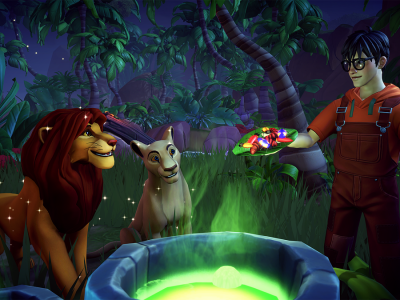 Image of man in overalls, Simba, and Nala by a witch pot in Disney Dreamlight Valley.