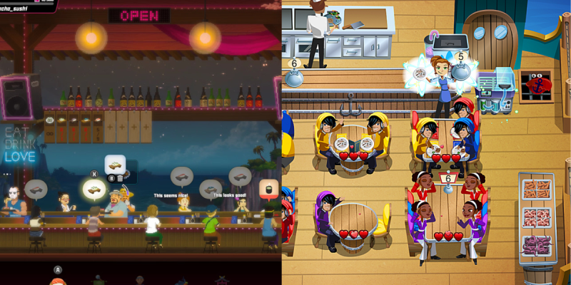Image of protagonists from Dave the Diver and Diner Dash serving food to customers.