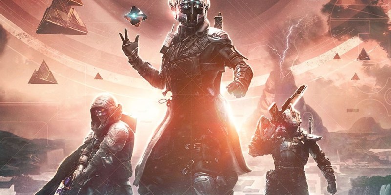 The key art for Destiny 2 The Final Shape. It shows three Guardians from the game against a red background featuring flying pyramids and a volcano with lightning shooting out of its cone.