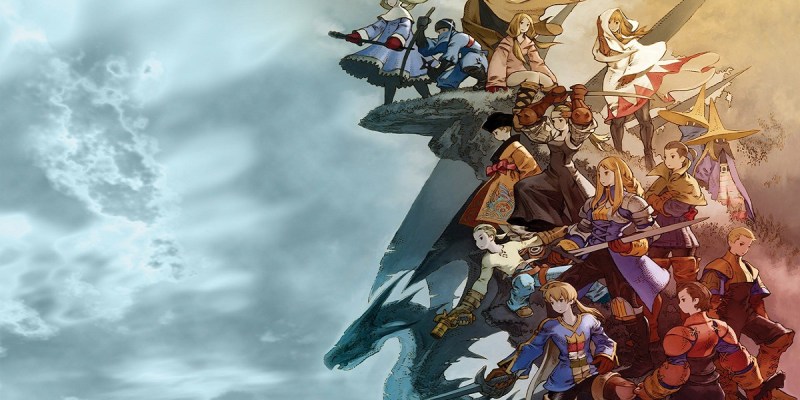 Image of mercenaries and Final Fantasy Tactics protagonists in promo artwork.