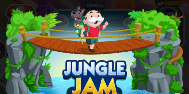 A header-sized image for the Jungle Jam event in Monopoly GO. The picture shows Rich Uncle Pennybags crossing a rickety wooden rope bridge over a river and the logo for the event. There's a dog on his back.