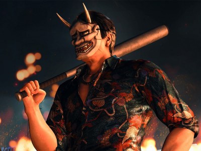 Image of man with Oni wearing Oni mask in Like a Dragon Gaiden.