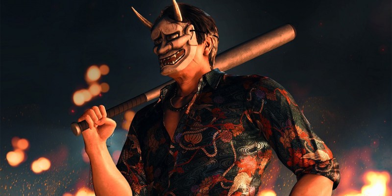 Image of man with Oni wearing Oni mask in Like a Dragon Gaiden.