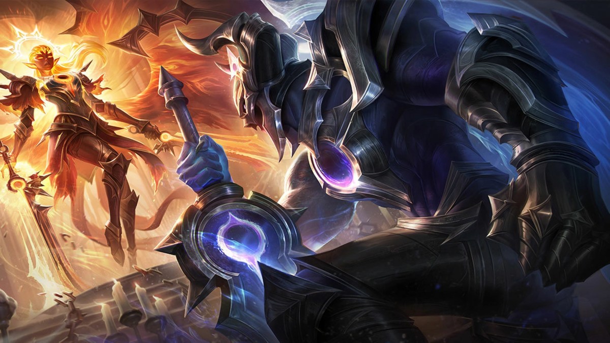 Lunar Eclipse Aatrox bending the knee in League of Legends (LoL).