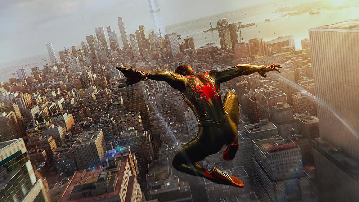 An image showing Spider-Man flying above New York City, with many of the cities landmarks seeable. The image is part of an article on how to get the Surge trophy in Marvel's Spider-Man 2.