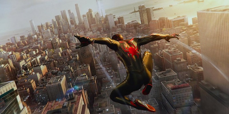 Image of Miles soaring in the sky in Marvel's Spider-Man 2.