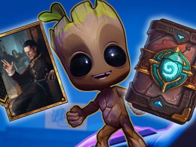 Baby Groot alongside a Hearthstone back and a Gwent card