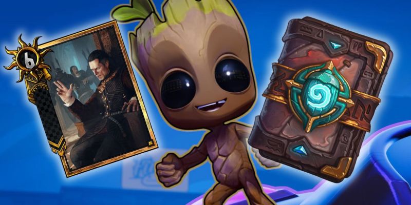 Baby Groot alongside a Hearthstone back and a Gwent card