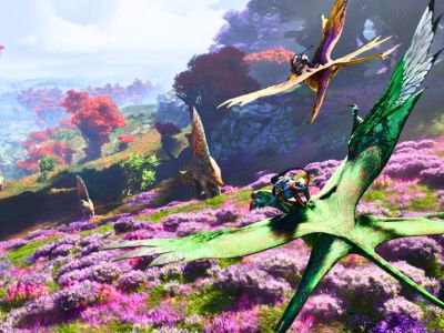 Two na'vi flying Ikran in the fields of Pandora