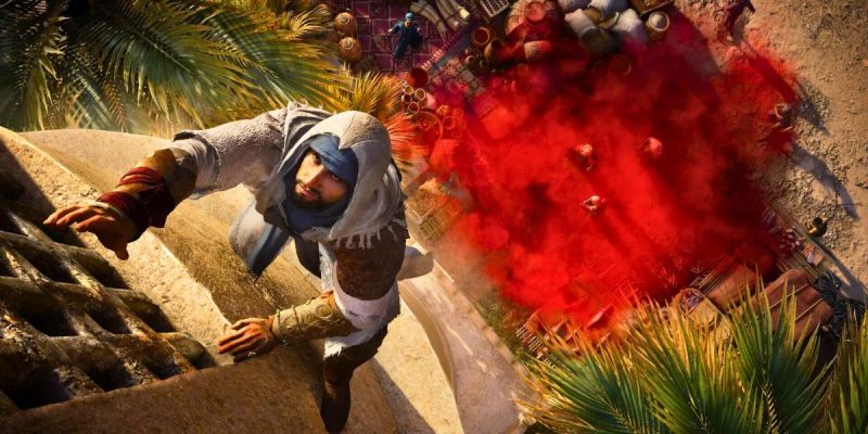 Basim climbing a wall above a red cloud in Assassin's Creed: Mirage