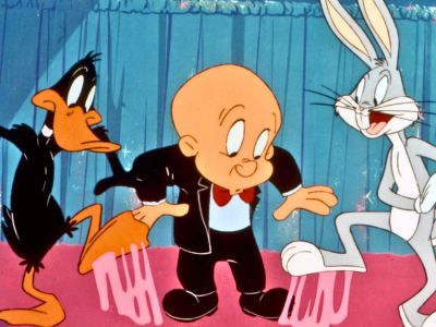 Daffy Duck, Elmer Fudd and Buggs Bunny stepping on chewing gum