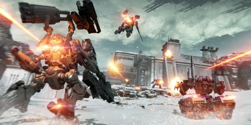 Mechs battle in a snowy battlefield