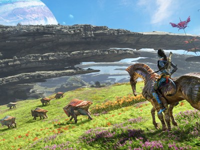 A Na'vi sitting on top of a horse-like animal, looking at some smaller creatures.