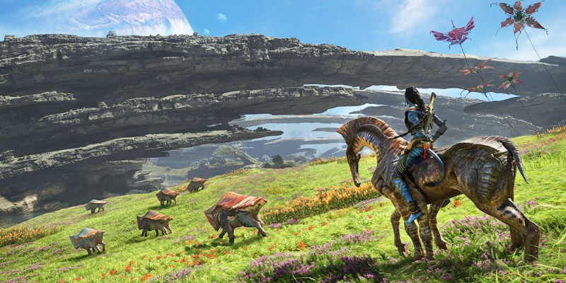 A Na'vi sitting on top of a horse-like animal, looking at some smaller creatures.