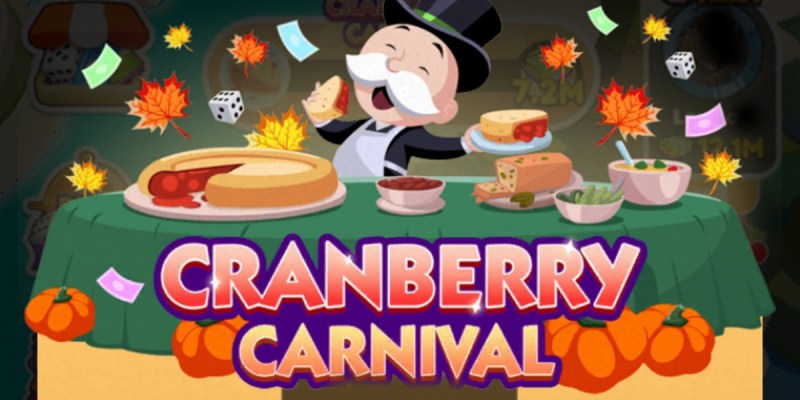 A header image for the "Cranberry Carnival" event in Monopoly GO. The image shows Rich Uncle Pennybags holding a piece of pie while autumnal leaves fall around him. He looks happy.