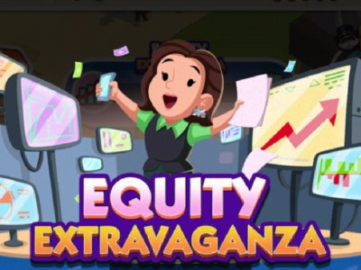 A header-sized image for the Equity Extravaganza event in Monopoly GO. The image shows a womanholding a cellphone and a pile of papers while she stands surrounded by screens with varying graphs on them.