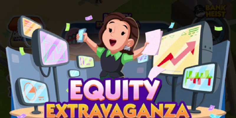 A header-sized image for the Equity Extravaganza event in Monopoly GO. The image shows a womanholding a cellphone and a pile of papers while she stands surrounded by screens with varying graphs on them.