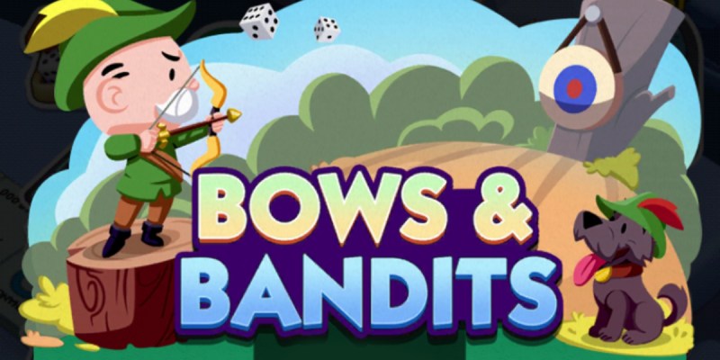 A header-sized image for the Bows & Bandits event in Monopoly GO that shows Rich Uncle Pennybags dressed up like Robin Hood and shooting at a target.