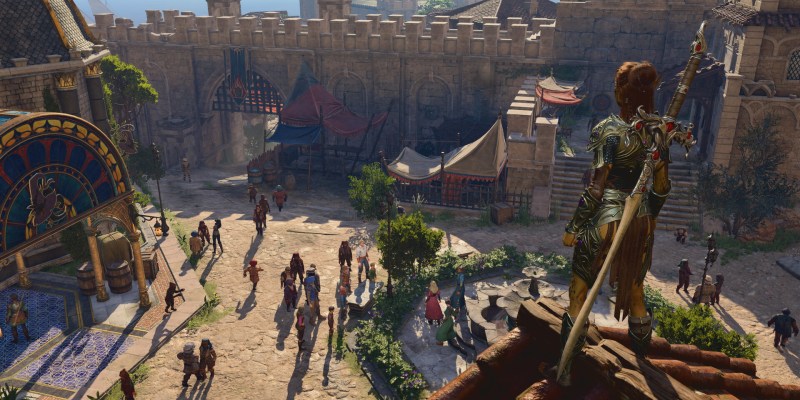 How to Solve The Open Hand Temple Murders in Baldur's Gate 3 (BG3). This image shows a character standing above a crowd.