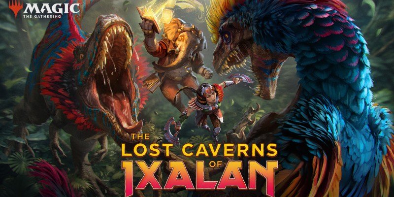 Dinosaurs fighting in Magic the Gathering. This image is part of an article ranking the Magic the Gathering Lost Caverns of Ixalan Commander Decks.