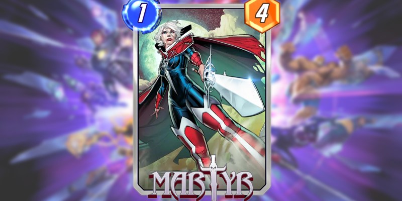 Martyr in Marvel Snap against a blurred version of the game's logo.