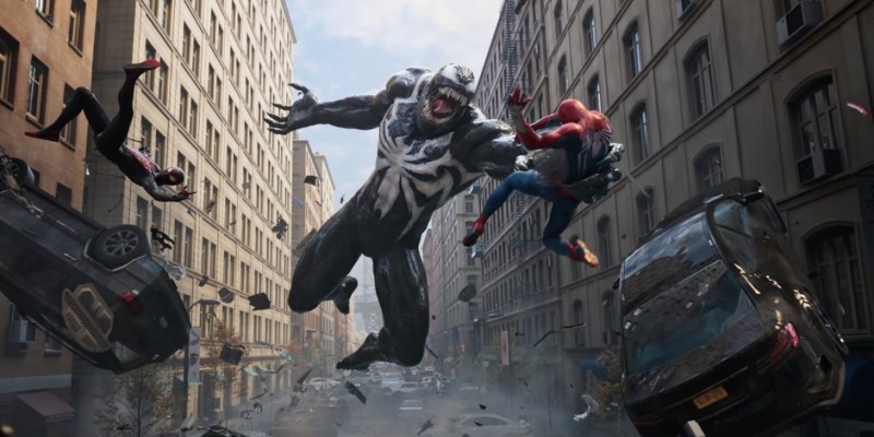 Venom fighting Spider-Man. This image is part of an article about the best action-adventure games of 2023.
