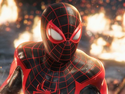 Miles Morales stands in a fiery wreck